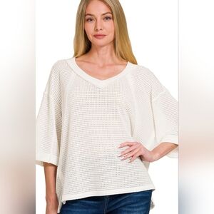 Zenana Brushed Waffle Exposed-seam 3/4 Sleeve Top